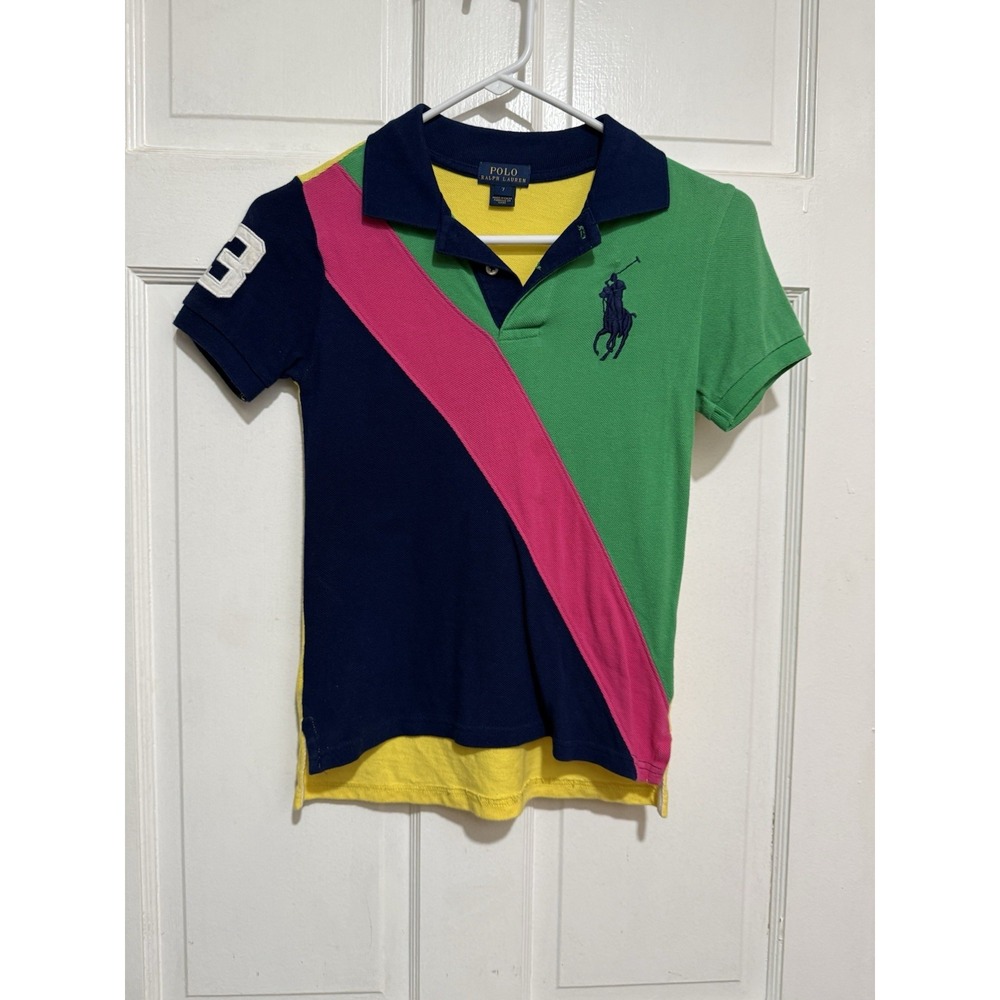 Boys Size 7 Polo Ralph Lauren Color Block Pink Green Yellow Navy Blue